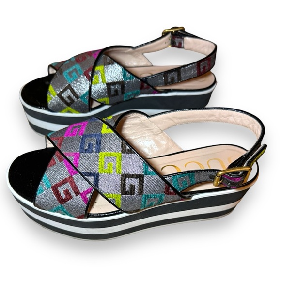 GUCCI Sandals Strappy Wedge G Square Print Shoes PEGGY Platform Slingbacks 38 - Picture 4 of 5